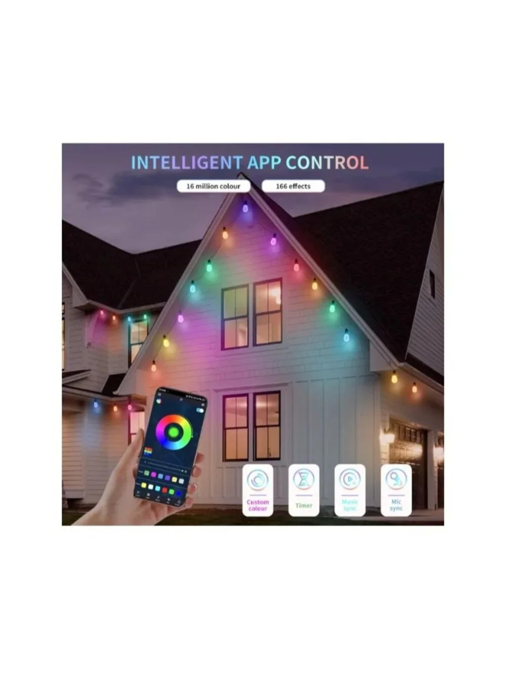 Outdoor String Lights 50FT- 20 RGBW LED Bulbs Dimmable & Waterproof App & Remote